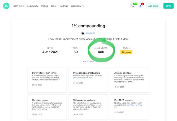 The image displays a user interface from the Lifelog platform, showcasing a specific goal with a total word count feature.
