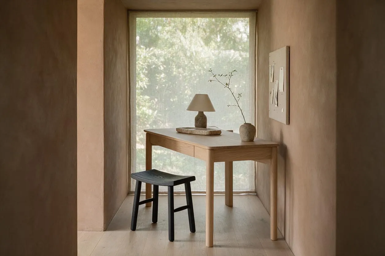 A narrow home office with a light oak desk placed in front of a large window, paired with a small black stool. A simple table lamp and a slender branch in a vase sit on the desk, while warm taupe walls and pale flooring create a calm, minimalist atmosphere.