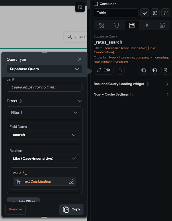 The image displays a user interface for creating a Supabase query in a Flutterflow project.