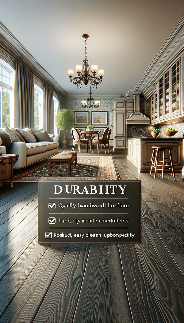 A room showcasing durable design elements like a hardwood floor, granite countertops, and robust, easy-to-clean upholstery on furniture.