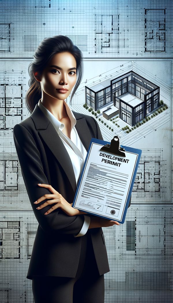 An illustration of an architect holding a development permit in front of a blueprint for a new building.