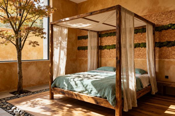 A sunlit bedroom features a rustic timber canopy bed draped with sheer linen and dressed in sage green bedding. An indoor tree grows beside a large window, set in a recessed planter bordered by smooth river stones, while warm ochre plaster walls and a cork accent wall with horizontal bands of preserved moss add texture; dappled leaf shadows fall across the wooden floor and bed.