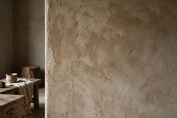 A close-up of an earthy clay-plastered wall with an irregular hand-finished texture and warm beige tones. In the background, rustic wooden furniture, a draped natural textile, and a small ceramic vessel create a quiet Wabi-Sabi interior atmosphere.