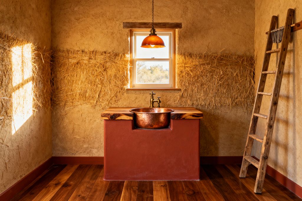 A small rustic laundry room features a centered window with a warm copper pendant above a hammered copper basin set into a terracotta base. A thick live-edge wood countertop and brass faucet sit against earthen plaster walls with a horizontal band of exposed straw. Wide-plank hardwood floors ground the space, and a weathered wooden ladder on the right serves as a drying rack. Sunlight casts golden tones and soft shadows across the walls and floor.