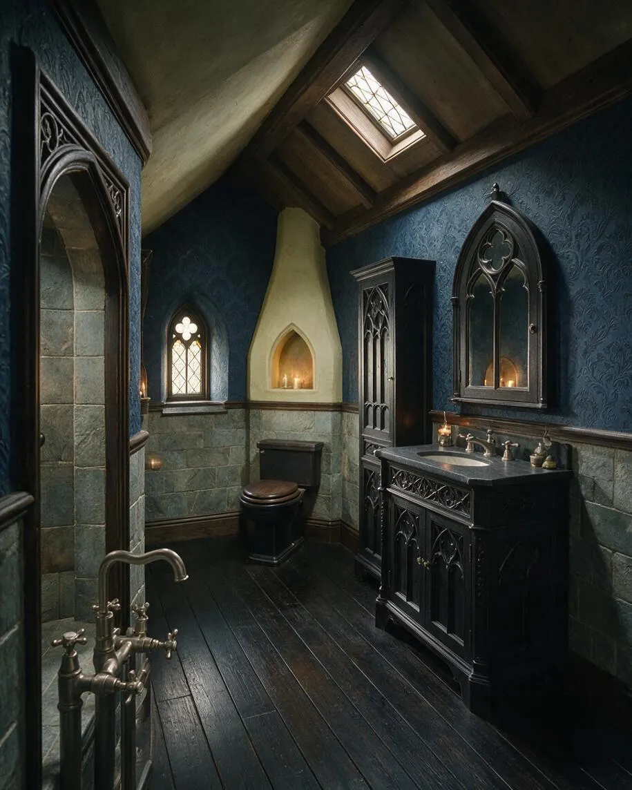 A narrow Gothic-style master bathroom with dark blue patterned wallpaper, stone half-walls, and a steep wood-beamed ceiling with a skylight. The space includes a black carved vanity, arched mirror and niche details, a dark wood floor, and a glass-enclosed shower on the left.