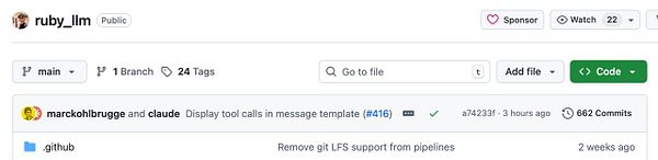 The image displays a GitHub repository interface for 'ruby_llm' showcasing a recent pull request.