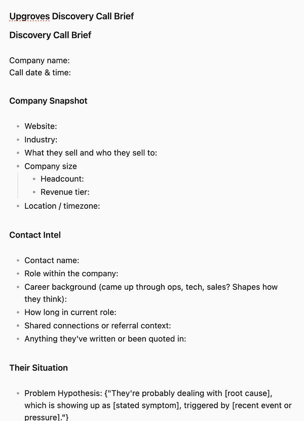 Screenshot of a Notion page showing a template titled 'Discovery Call Brief'.