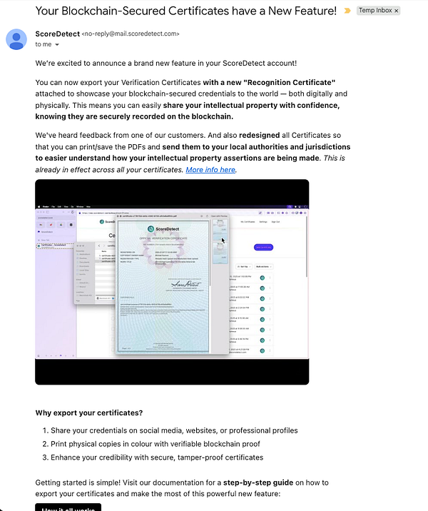 The image displays an email notification from ScoreDetect announcing a new feature for exporting blockchain-secured certificates.