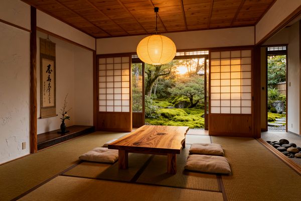 A serene Japanese-style dining room features tatami mats and a low, live-edge cedar table with four beige floor cushions beneath a round paper lantern. Shoji screens in wood frames open to a lush moss garden at sunset; to the left, a tokonoma alcove holds a hanging calligraphy scroll and a dark ceramic vase with a single branch. Smooth river stones line the threshold, while a wood-paneled ceiling and plaster walls keep the palette warm and natural.