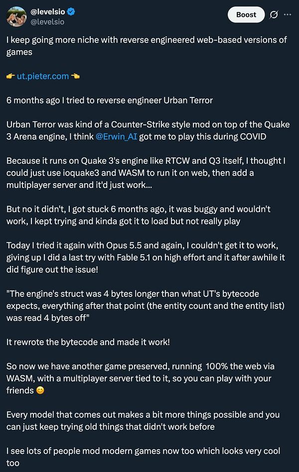 A Twitter post by user @levelsio about reverse engineering the game Urban Terror to run on the web using WASM with multiplayer support.