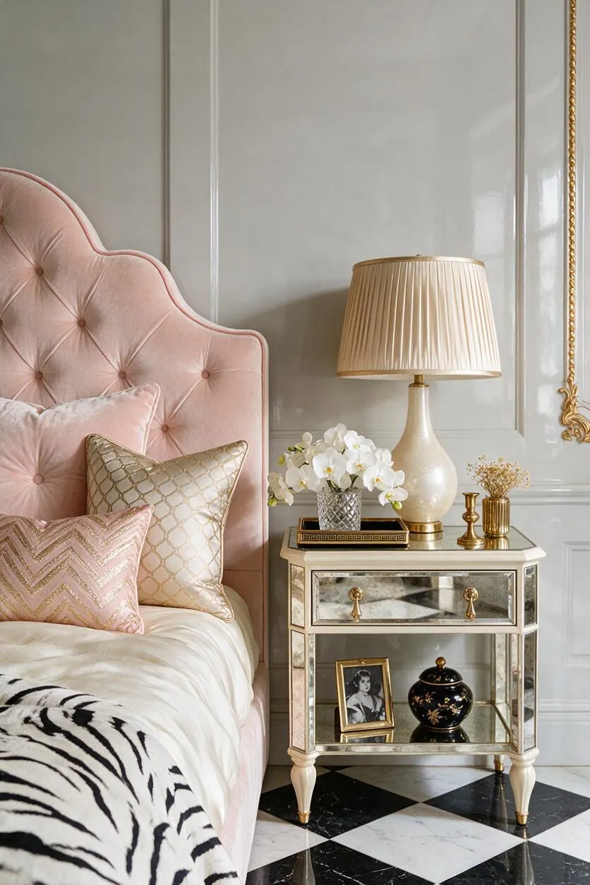 A luxurious Hollywood Regency bedroom vignette with a blush pink tufted upholstered headboard, layered pink and gold accent pillows, and a black-and-white zebra throw at the foot of the bed. Beside it sits a mirrored nightstand with gold trim, a cream pleated table lamp, white orchids, and small brass decor on a black-and-white checkered floor.