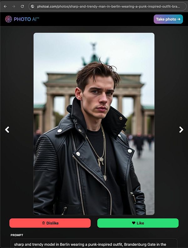 A stylish young man poses in front of the Brandenburg Gate in Berlin, wearing a punk-inspired outfit.