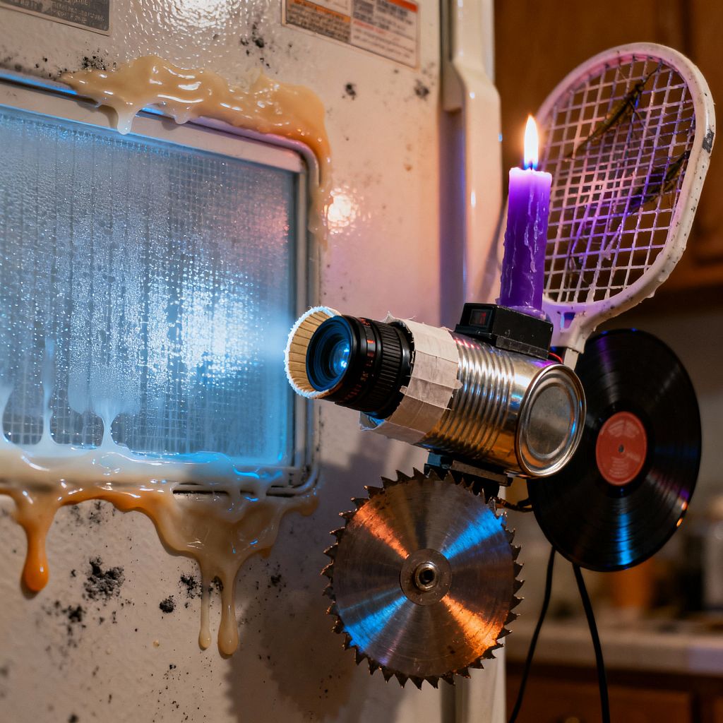 A distressed white appliance door with a frosted glass window oozing melted wax frames a DIY projector made from a metal can and camera lens, mounted with a circular saw blade. A lit purple candle perches on top, with a scuffed tennis racket and a black vinyl record strapped behind. Blue light shines through the textured glass while soot specks and tape reinforce the rough, salvaged, post-apocalyptic aesthetic.