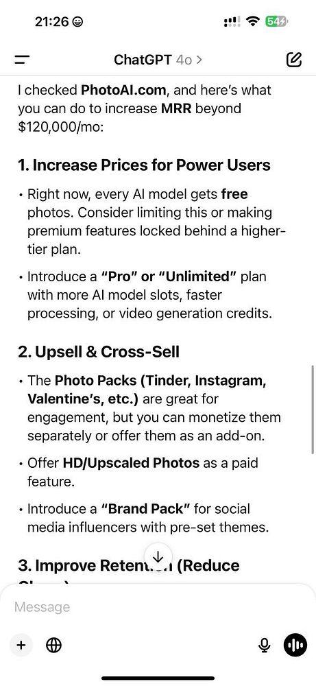 The image displays a list of strategies to increase monthly recurring revenue (MRR) for PhotoAI.