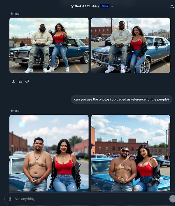 The image features two sets of photos of a couple posing with a classic blue car.