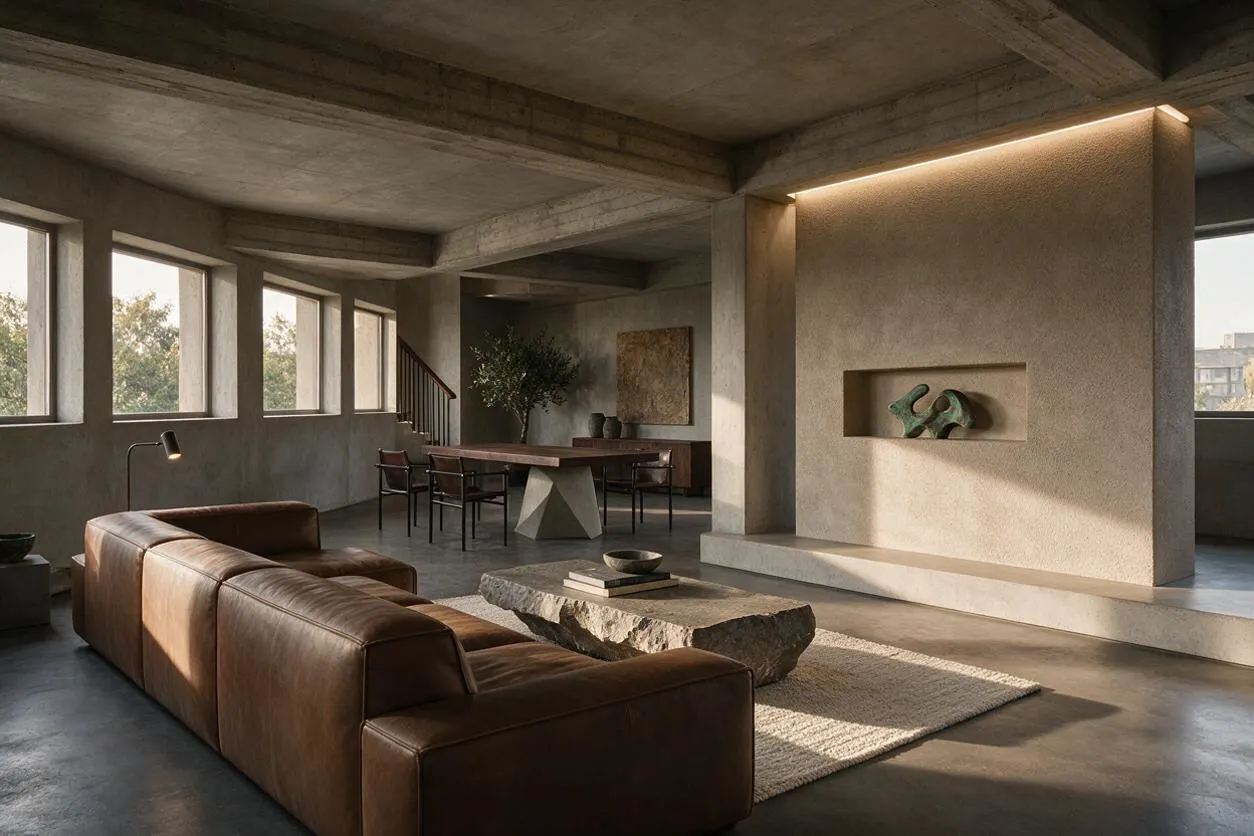 A spacious Brutalist living room with exposed concrete ceilings and walls, a low brown leather sectional, and a rough stone coffee table on a neutral rug. Tall rectangular windows line one side, while a recessed wall niche with a sculptural object and warm hidden lighting adds softness to the otherwise austere space.
