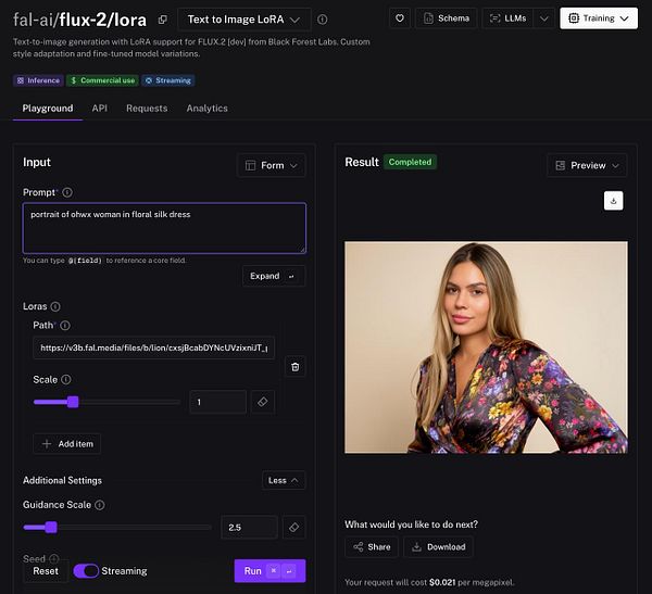 The image displays a user interface for a text-to-image generation tool featuring a portrait of a woman in a floral silk dress.