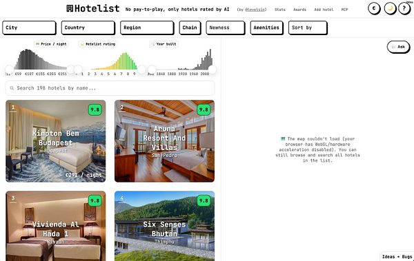 Web app interface of Hotelist showing filters, a list of hotels with images and ratings, and an error message about WebGL map loading failure.
