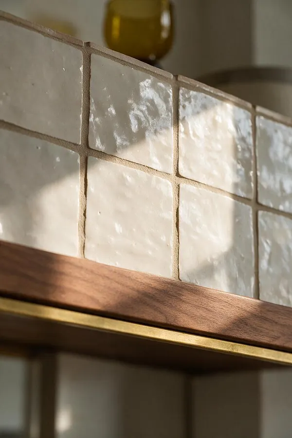 A close-up of an eclectic interior surface featuring glossy cream square tiles with uneven, hand-finished texture and warm beige grout. A slim walnut wood ledge and brass trim run beneath the tiles, with soft sunlight creating reflective highlights and shadows.