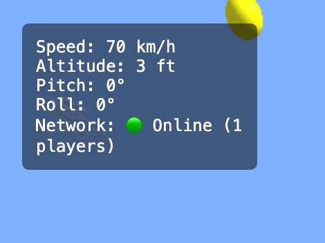 The image displays a status panel for a game, showing various flight parameters and network status.