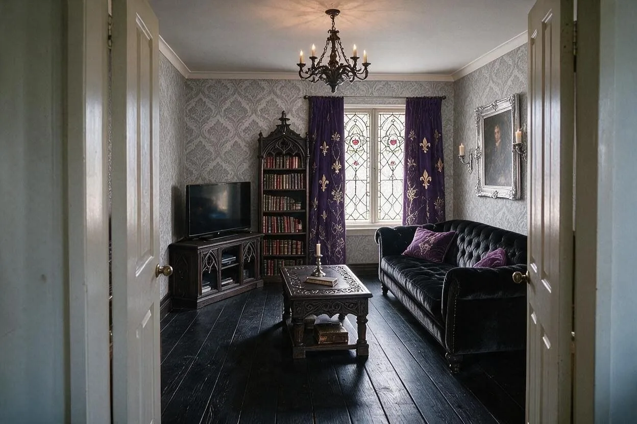 The same Gothic living room in the Stone Cathedral palette: cathedral gray, black velvet, ebony, antique silver, and deep purple