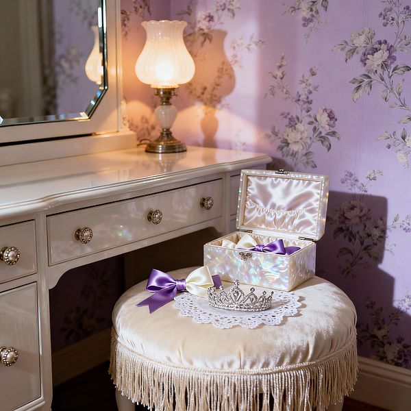 A child’s vanity corner shows a cream lacquer dressing table with beveled mirror set against lavender floral wallpaper. A vintage lamp with a frosted glass shade casts warm light over a pearlescent, satin-lined jewelry box. A round velvet stool with fringe holds a lace doily, purple and ivory satin bows, and a silver tiara. Glass drawer knobs and reflective finishes add sparkle, creating a refined, whimsical vintage glam mood.