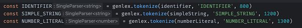 Code snippet defining parsers for identifiers, simple strings, and number literals.