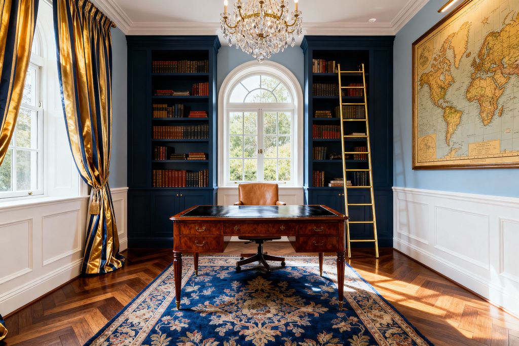 A symmetrical traditional home office centers on an arched window flanked by deep navy built-in bookcases filled with leather-bound books and a brass library ladder. A mahogany desk with a black leather inlay faces the window beside a tan leather chair; a crystal chandelier, gold-and-navy striped drapery, white wainscoting, a large framed vintage world map, and a blue floral rug over herringbone hardwood floors create a warm, refined atmosphere.
