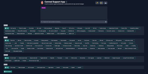 The image displays the interface of the Canned Support App, showcasing various preset messages for tech support tasks.