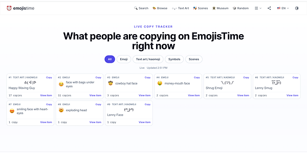A live tracker dashboard displays emoji usage statistics with a colorful horizontal bar chart and associated text data.