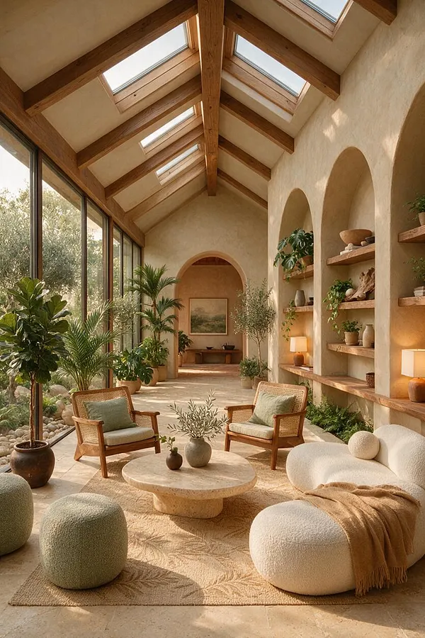 A sunroom with a vaulted ceiling of exposed wood beams and skylights, large glass walls on the left, and cream plaster walls with arched built-in niches on the right. The room is filled with potted greenery, woven accent chairs, rounded boucle seating, a stone coffee table, and soft neutral textiles in warm natural light.