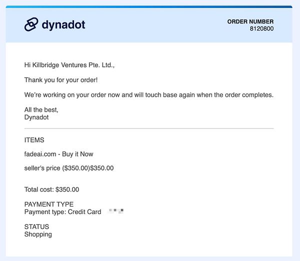 The image is a confirmation email from Dynadot regarding a domain purchase.