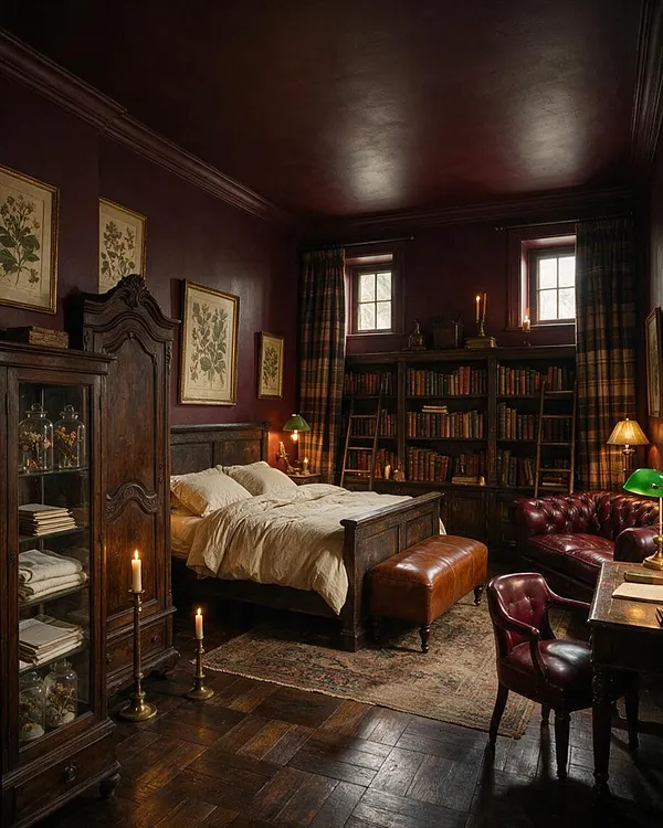 A moody bedroom with deep burgundy walls and ceiling, dark wood furniture, and a large wooden bed dressed in cream bedding. Built-in bookshelves, plaid curtains, framed botanical prints, leather seating, and candlelight create a scholarly Dark Academia atmosphere.