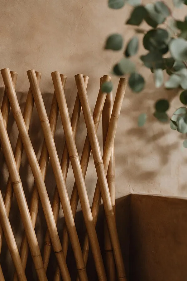 A decorative bamboo lattice screen stands against a smooth tan plaster wall, with soft green leaves blurred in the foreground. The scene uses warm, natural textures and muted earth tones to create a calm biophilic interior.