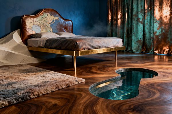 A Surrealist bedroom featuring a brass platform bed with a tufted leather headboard printed with a vintage-style map set against deep teal walls. A sculpted dune-like plaster form rises behind the bed, swirling walnut flooring frames a keyhole-shaped recessed water feature lined with mosaic tile, a high-pile neutral shag rug softens the foreground, and metallic turquoise-and-copper drapery glows in moody, low light with a faint mist.