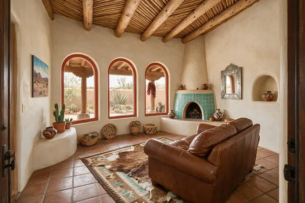 A Southwestern front porch with white adobe walls, arched windows trimmed in terracotta, and a rustic wood-beam ceiling. The space includes a brown leather chair, terracotta tile flooring, woven baskets, potted cacti, and a turquoise tiled kiva-style fireplace beside a decorative mirror.