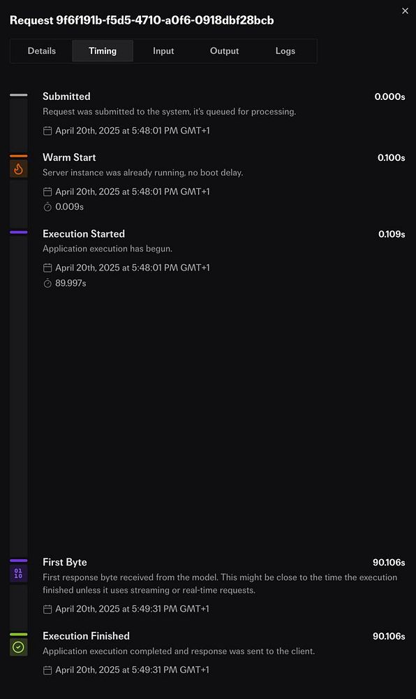 The image displays a detailed timing report for a request related to a Flux trainer deployment.