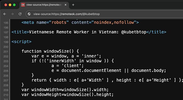 The image displays a snippet of HTML and JavaScript code from a webpage source.