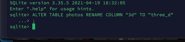 A terminal interface displaying an SQLite command to rename a column in a database table.