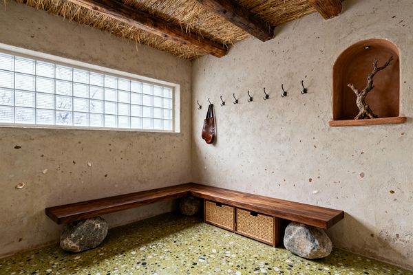 A minimalist mudroom features an L-shaped bench made from a thick dark wood slab resting on large river stones, with cane-front drawers beneath. Rough lime-plaster walls dotted with shell flecks hold a row of black metal hooks and an arched terracotta niche displaying a twisted branch. A long glass-block window brings soft daylight, while a straw-thatched ceiling with exposed beams and a green terrazzo floor create a calm, earthy atmosphere.