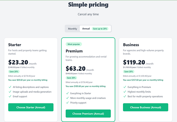 A custom pricing table interface for a service named PropertyDescriptionAI with selectable plans and payment options.