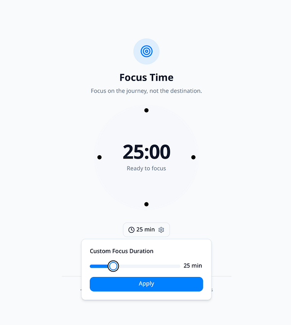 The image displays a user interface for a Focus Time feature with a timer and customization options.
