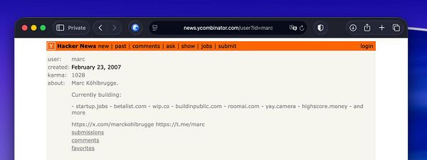 A screenshot of a profile update screen from Hacker News with the username field changed to "marc".