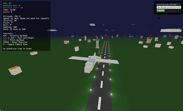 A virtual flight simulation interface displaying a plane flying over a landscape with various objects.