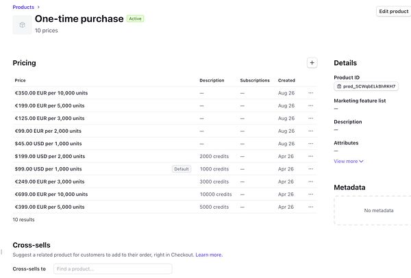 The image displays a pricing table for a one-time purchase product with various price points and details.