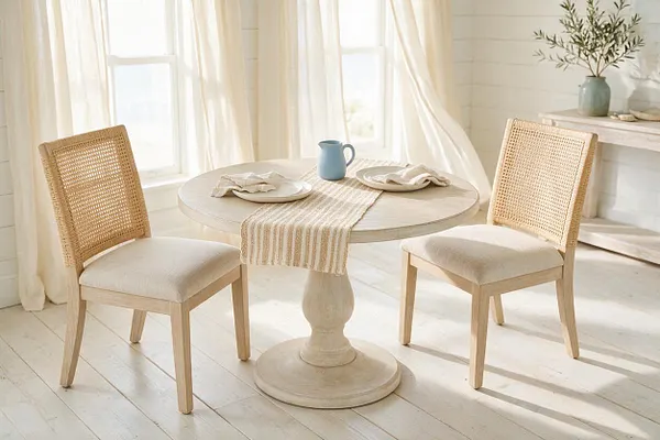 A sunlit coastal dining nook with a round pedestal table, two woven cane-back chairs with light upholstered seats, and a striped runner down the center. Sheer white curtains, pale wood floors, and a soft blue pitcher on the table create a relaxed, airy atmosphere.