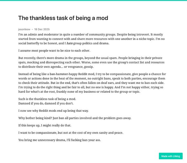 A blog post discussing the challenges of being a moderator in online community groups.