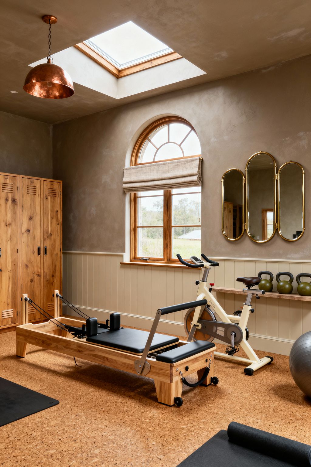 A farmhouse-inspired home gym features cork flooring, a wooden Pilates reformer with black pads, and a cream stationary bike. Warm taupe plaster walls with cream beadboard wainscoting frame a large arched wood window dressed with a linen Roman shade; a brass three-panel arched mirror and a floating wood shelf hold olive kettlebells. Wooden lockers line one wall, a copper dome pendant and skylight flood the room with light, and yoga mats and a gray exercise ball sit nearby.