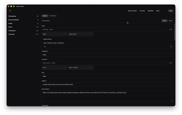 Screenshot of a desktop app with a markdown editor open, showing a text editing area and a left sidebar with document outline.