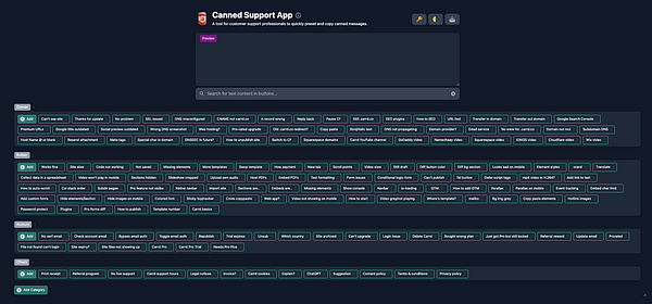 The image displays the interface of the Canned Support App, showcasing various preset options for customer support messages.